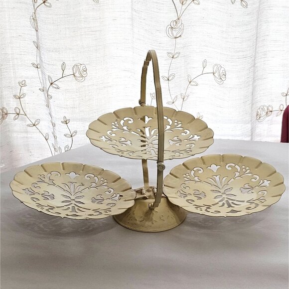 Serving Tray 3 Tier vtg cream punched metal filigree folding snack sample appeti - Picture 1 of 10